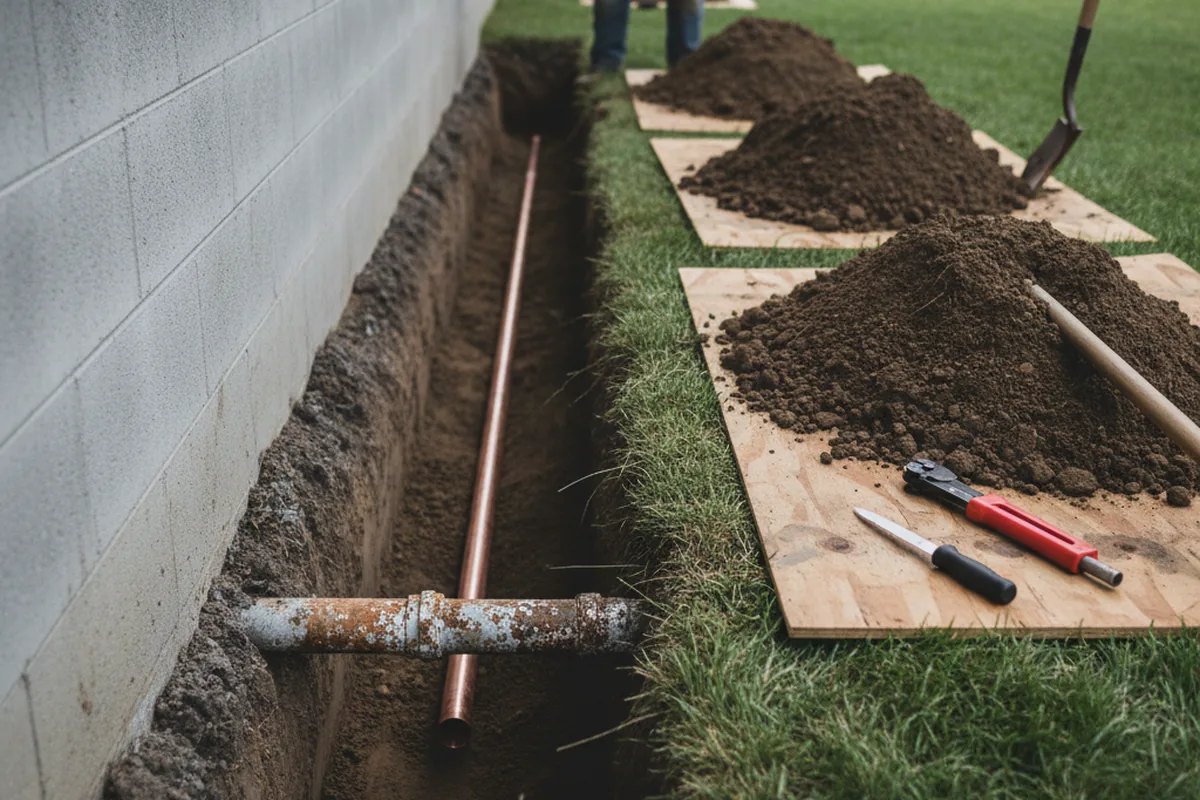 Excavated water line trench during Water Softener Installation in Fellsmere